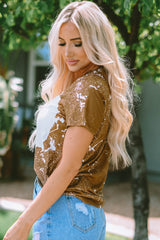 Short -sleeved top and orange white round white neck