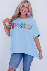 Pastel embroidered graphics t-shirt Mist Blue Sparkle America