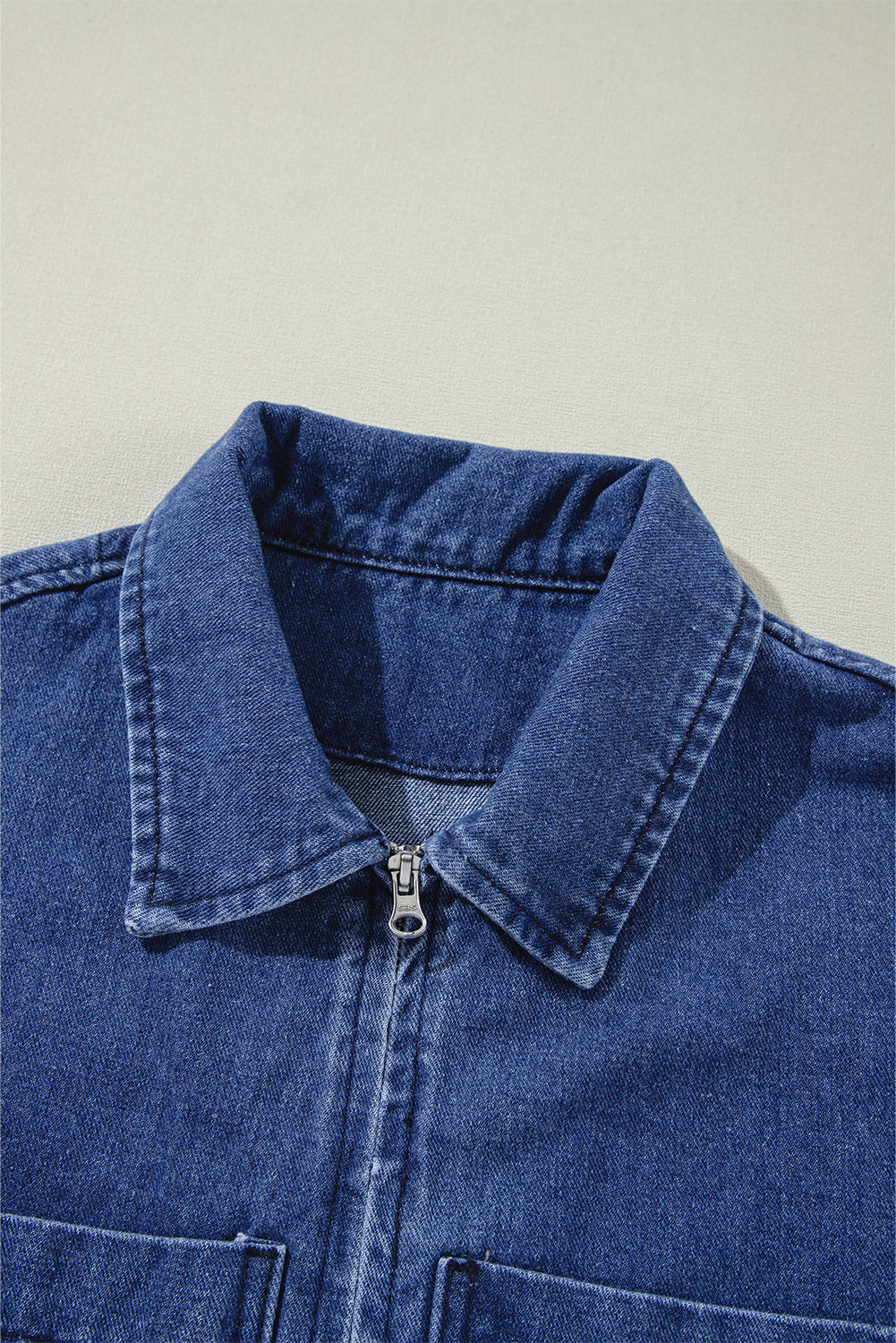 Veste en Jean Zippée à Grandes Poches Latérales Bleu Voile