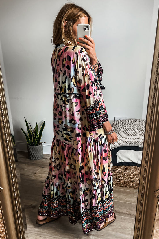 Western Leopard Print Maxi Dress with 3/4 Sleeves Button Front Tiered Pink