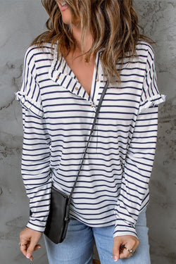 White Striped Print Ruffle Buttoned Long Sleeve Top