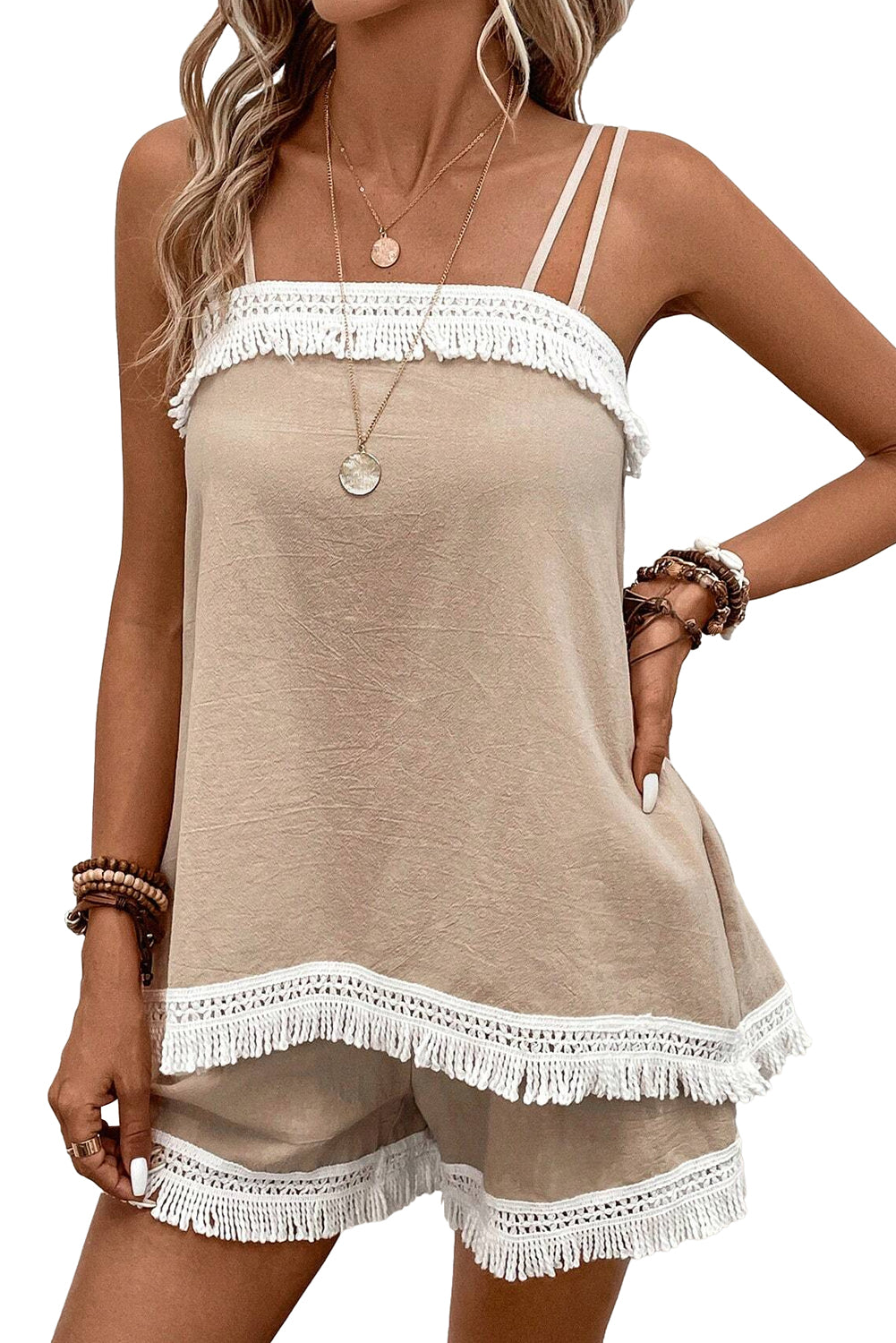 Pale Khaki Fringe Crochet Double Strap Tank Top and Shorts Set