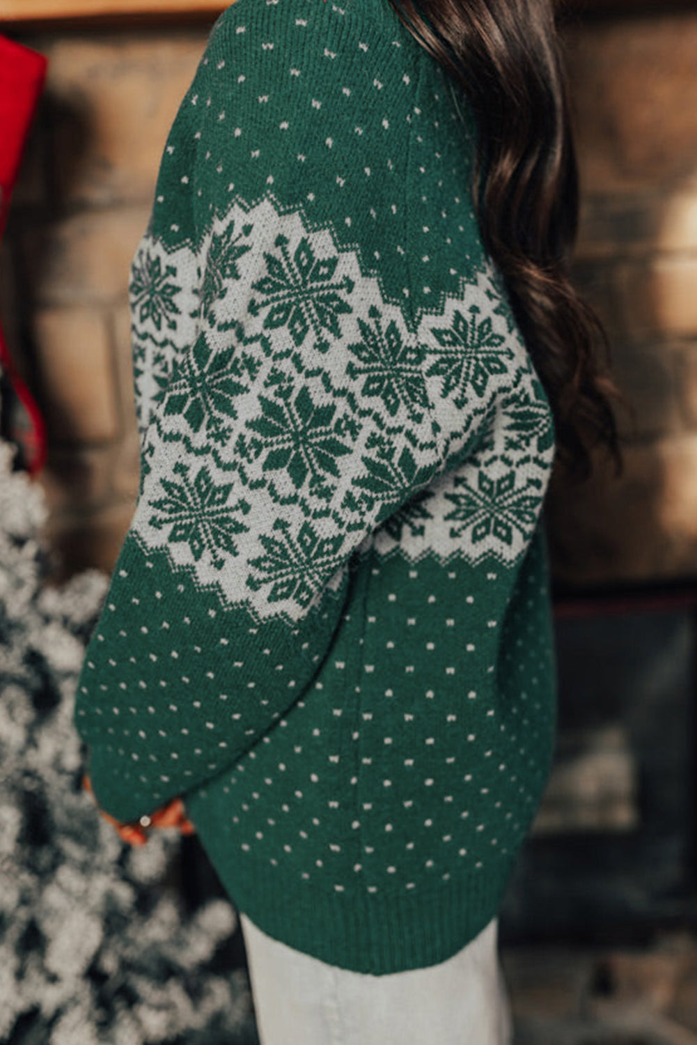 Pull de Noël vert à motif de flocon de neige et épaules tombantes, grande taille