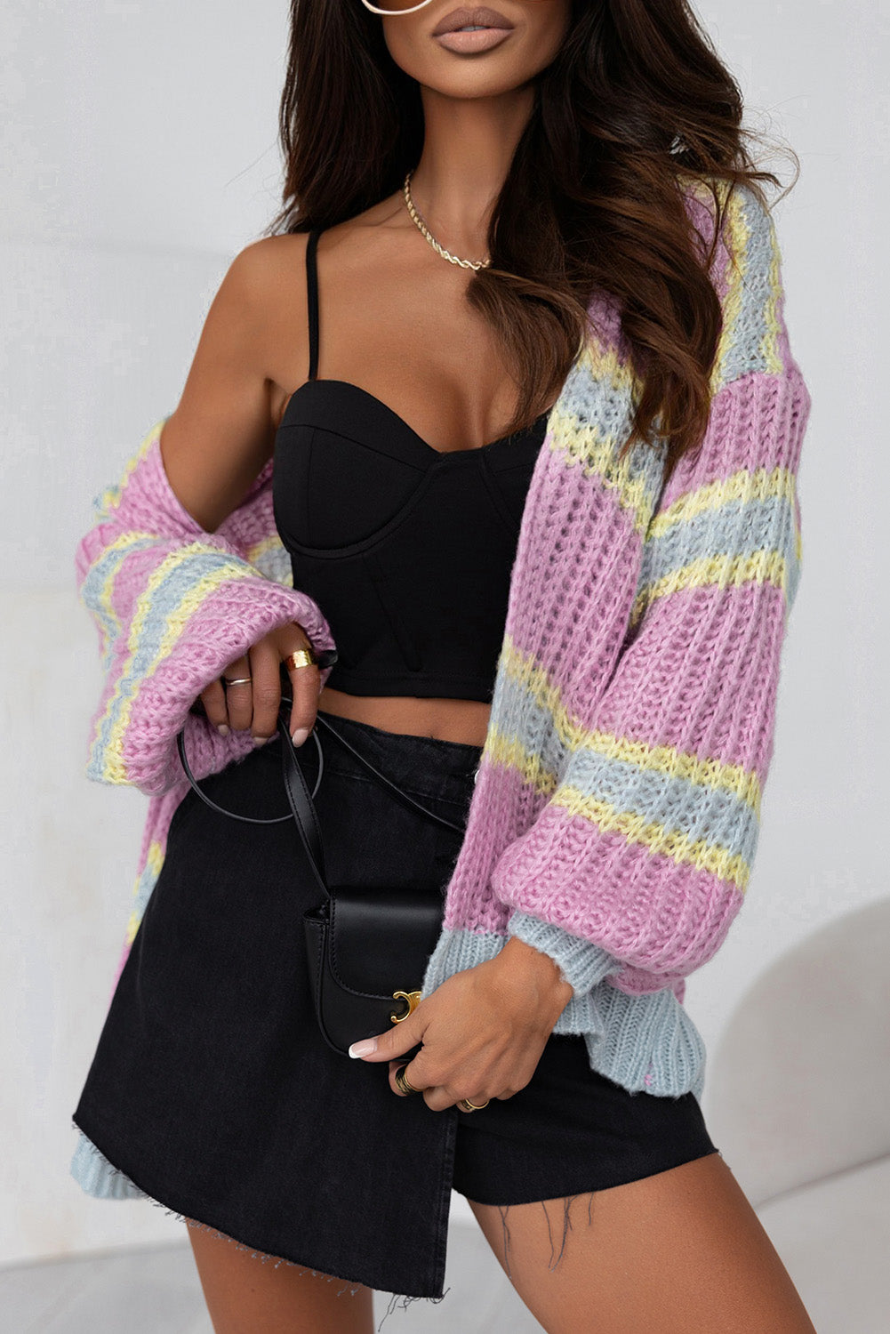 Pink Contrast Stripe Open Front Cable Cardigan