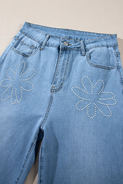 Jeans de pierna ligera de alta luz azul claro con decoración floral diamantes de imitación