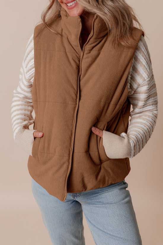 Coffee corduroy zipped stand-up collar down vest