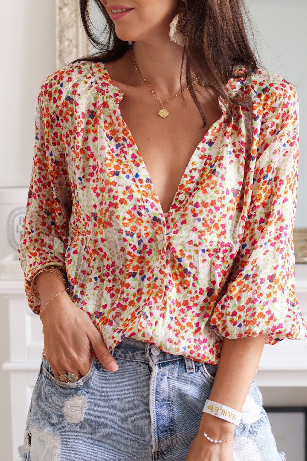 Multicolore Boho Floral Print Button Front Shirt