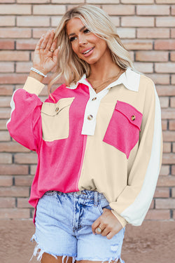 Oversized Ribbed Collar Sweatshirt in Red Pink Color Block