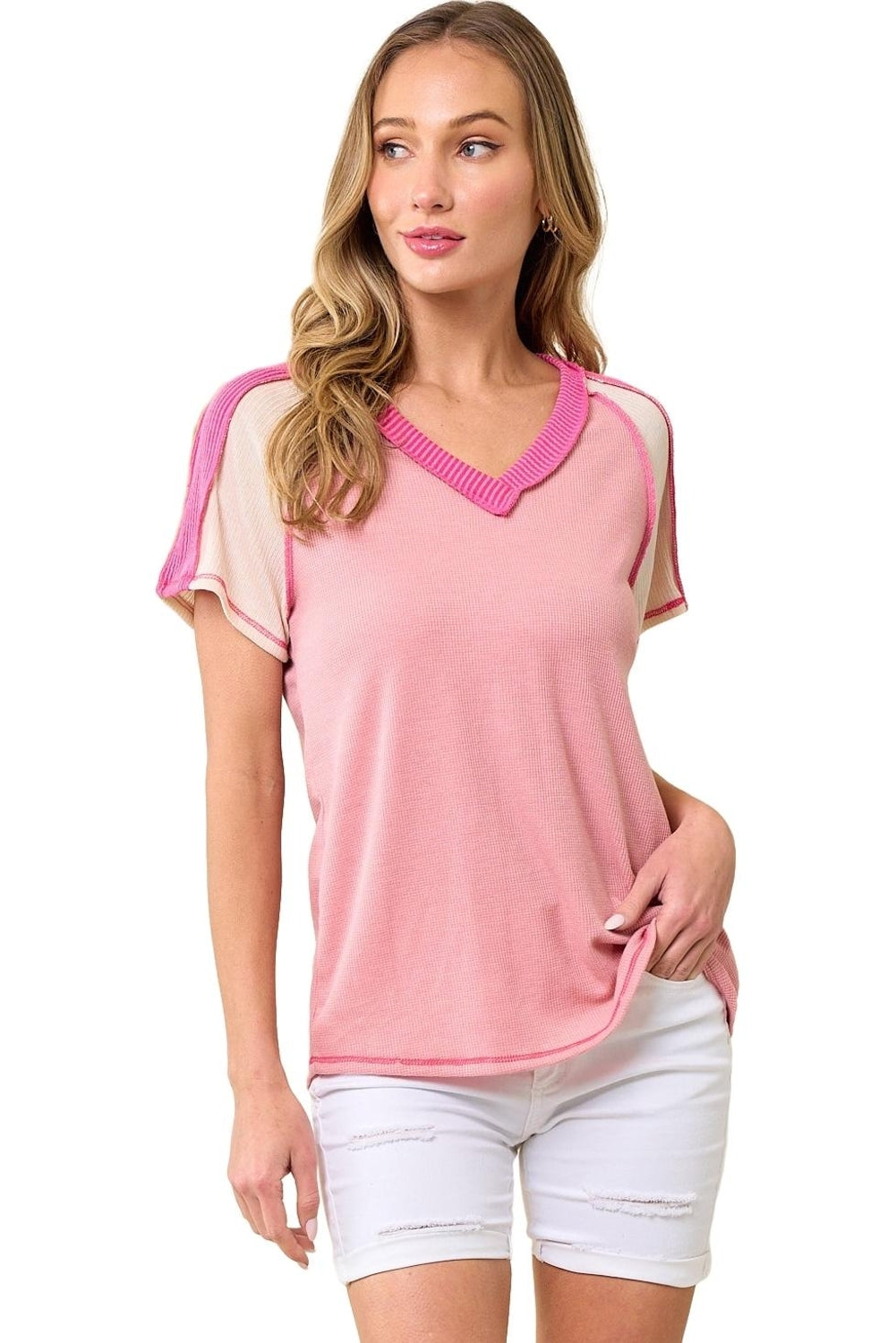 T-shirt a V Cour Block a forma di cucitura a forma di guscio rosa