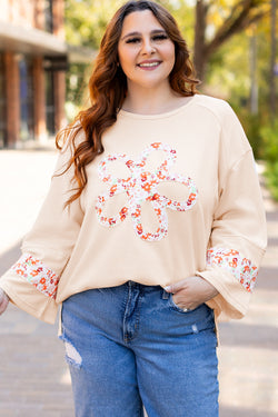 Plus Size Beige Floral Patch Side Slit Crew Neck Top