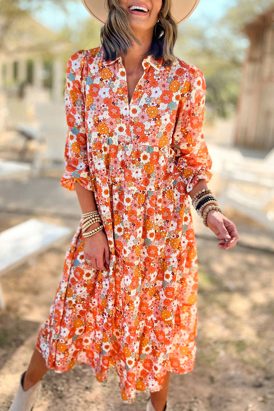 Multicolor Boho Floral Coule à manches longues Robe à volants