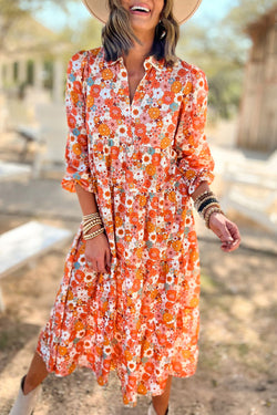 Multicolored bohemian dress with floral collar and long ruffled sleeves