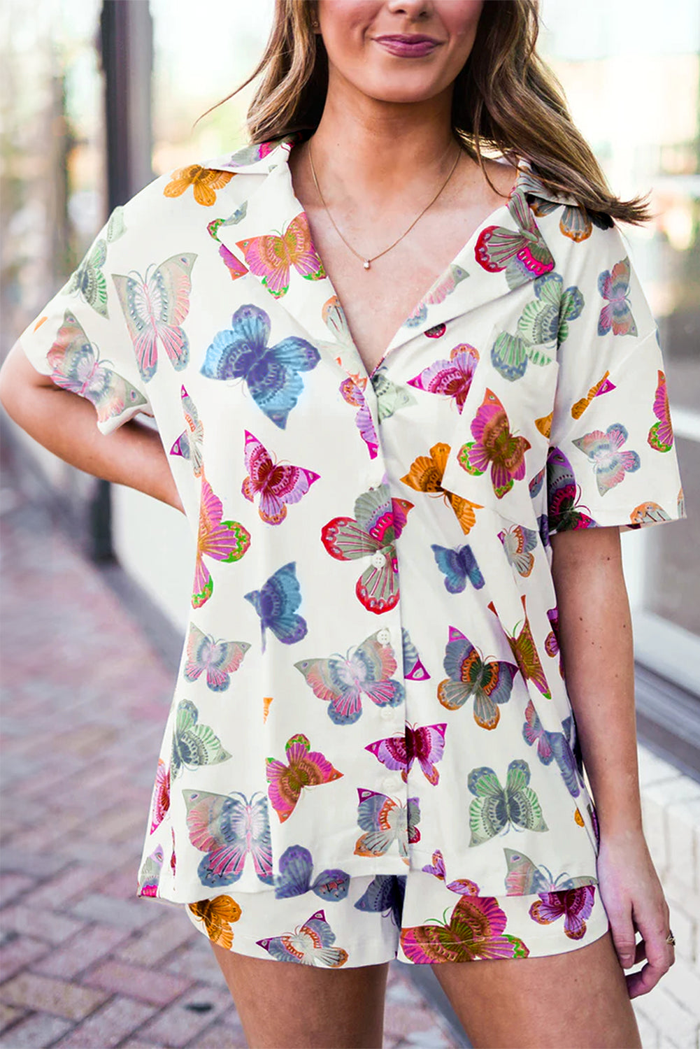 Short sleeve shirt set with multicolored butterfly pattern