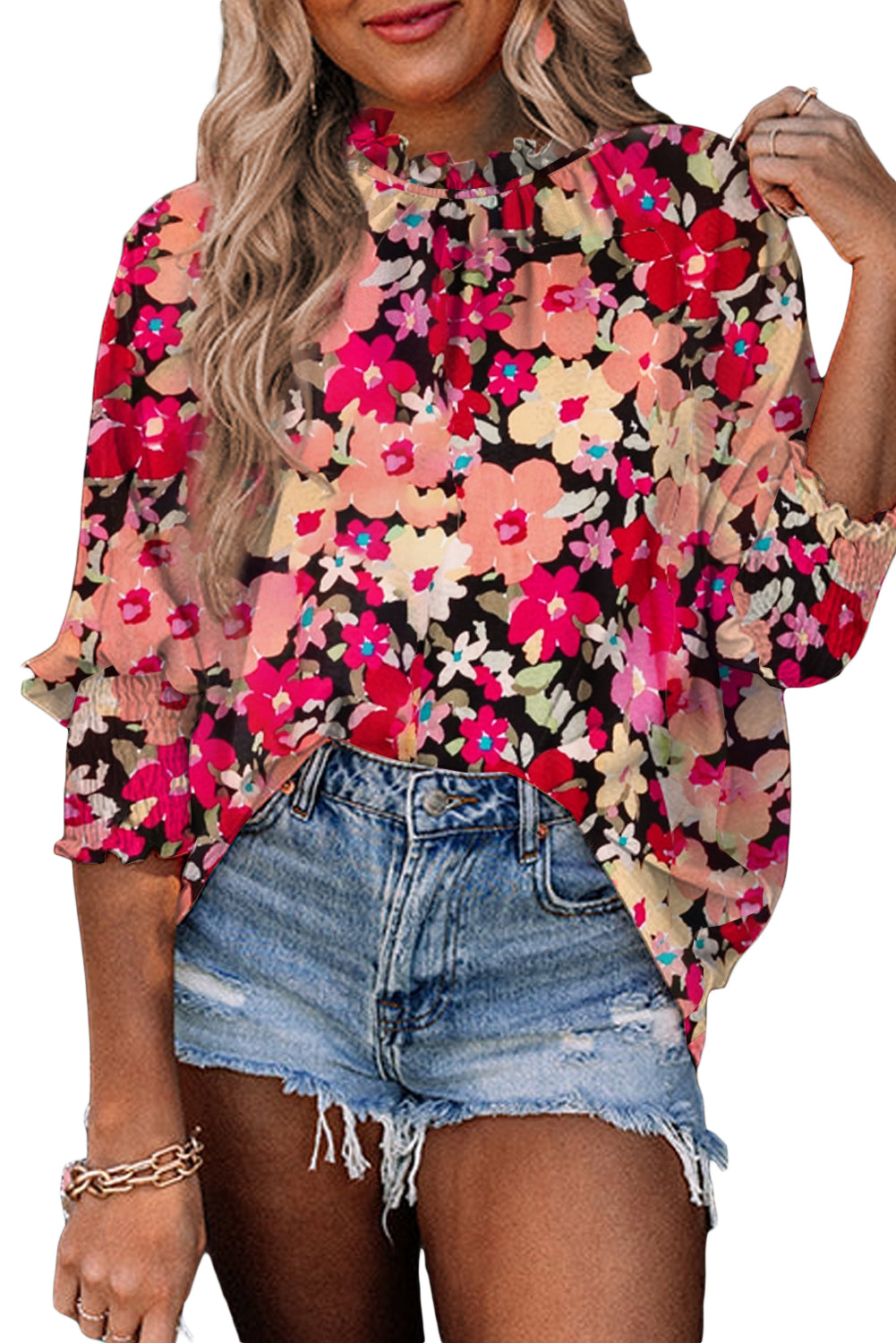 BLUSA FLORAL DE MANUA DE PROLLANTE PULLOLADOR DEL PULLO DE COLL PARTIR PARTILLO DEL COLLA ROSA