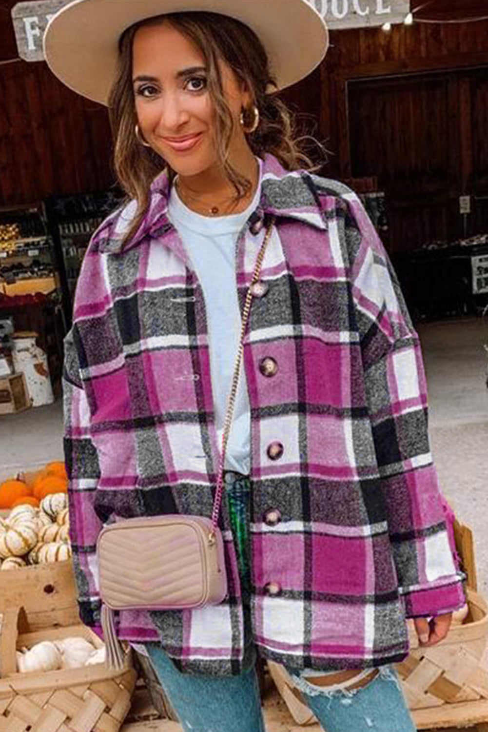 Rose Plaid Druckknopf Hemdjacke