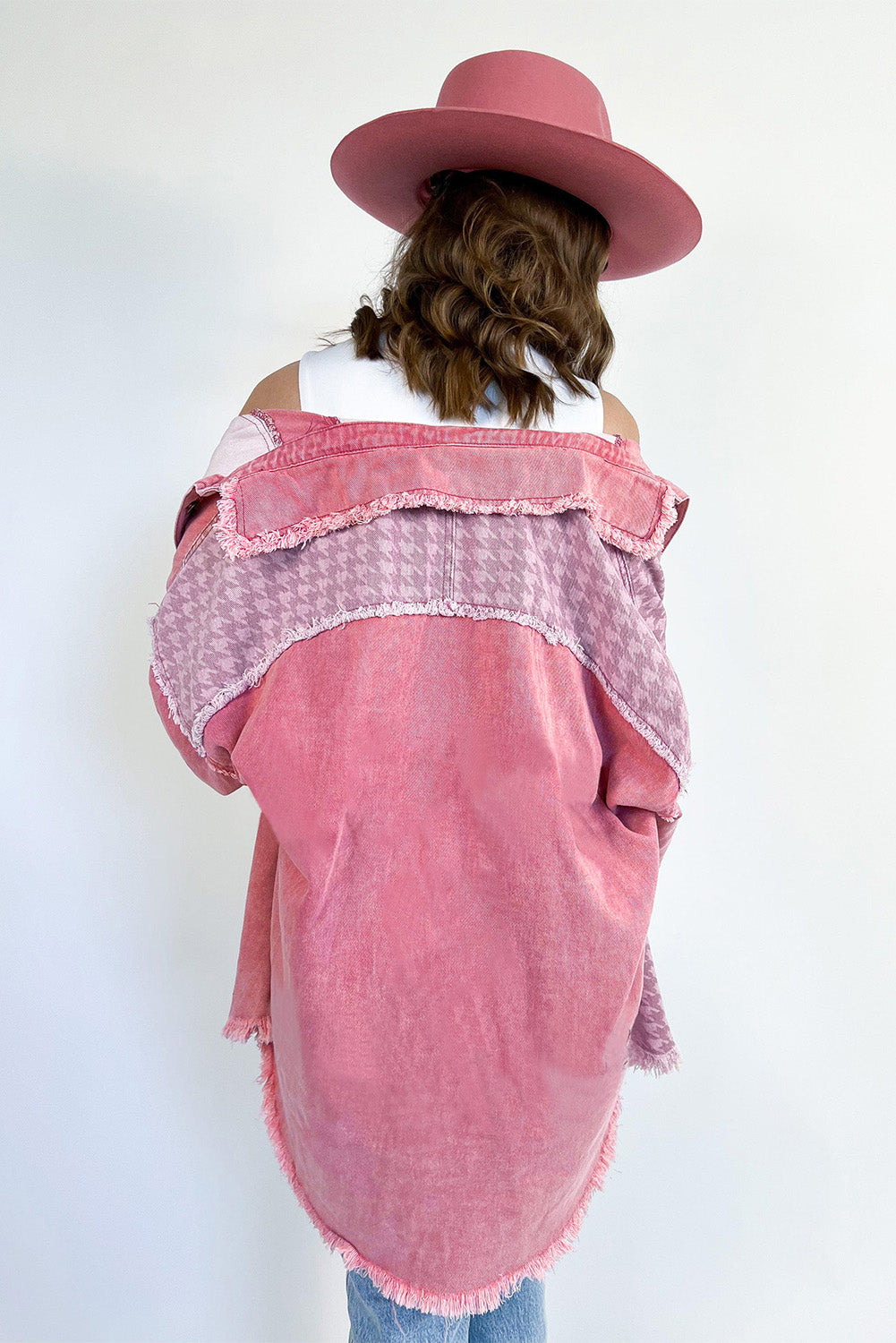 Pink Retro Distressed Houndstooth Patchwork Denim Jacke