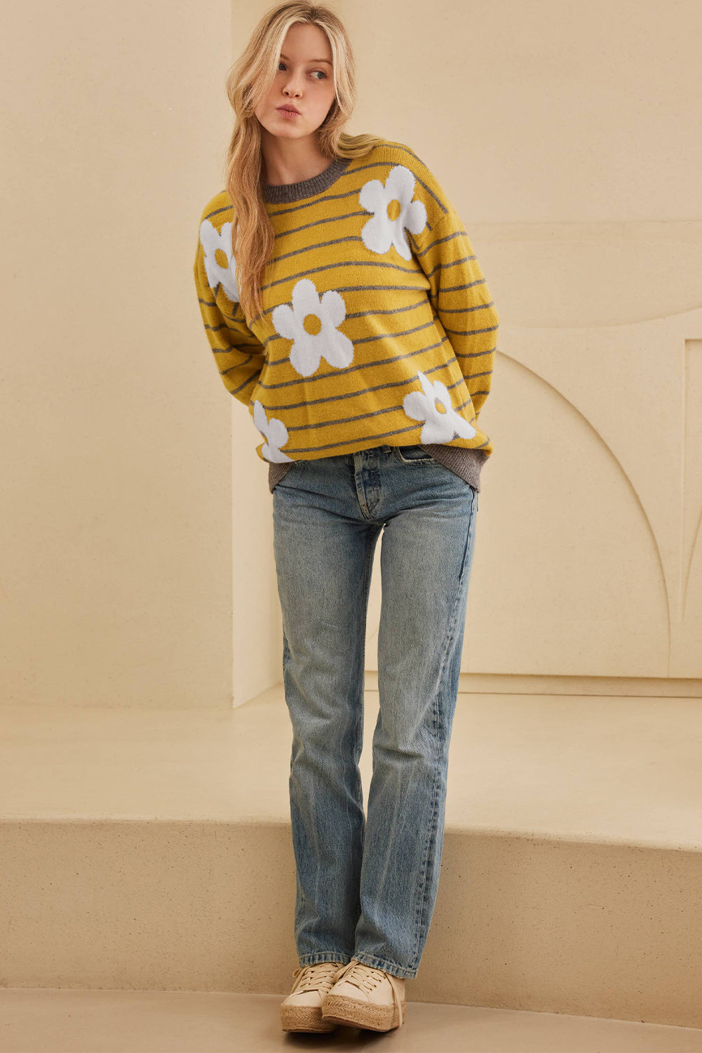 Yellow Striped Floral Daisy Knitted Crew Neck Sweater