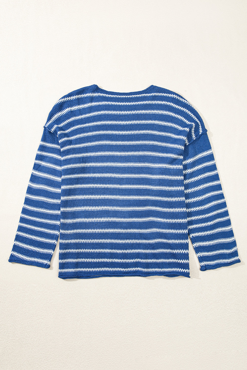 Sky blue striped sweater with dropped shoulders, round neck, plus size