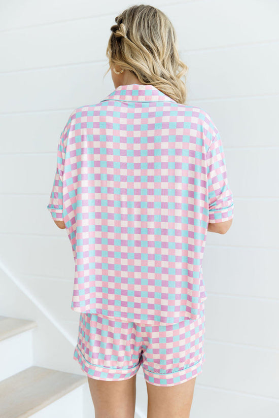 Set of short -sleeved pajamas with purple checkered pattern