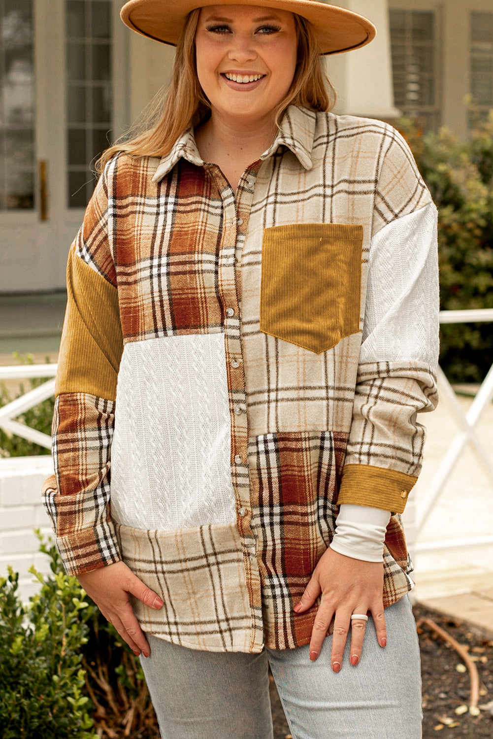 Golden Apricot Plus Size Plaid Patchwork Taste Up Shacket