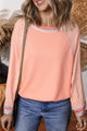 Grapefruit Orange Waffle Knit Raglan Top with Wide Sleeves and Patchwork