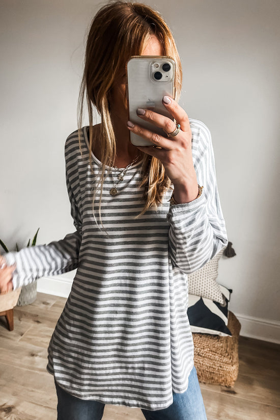 Gray Striped Crew Neck Long Sleeve Oversized Top