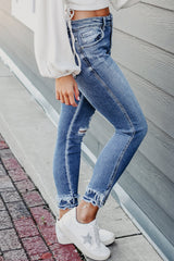 Jean Skinny Effiloche Light blue with ankle
