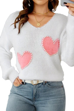 V -neck plush sweater and white pearl core pattern