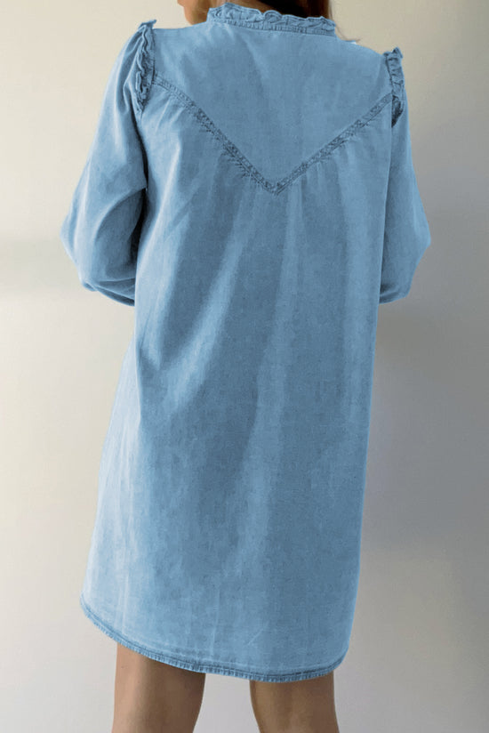 Myosotis - Straight denim dress with buttons, ruffles and V-neck