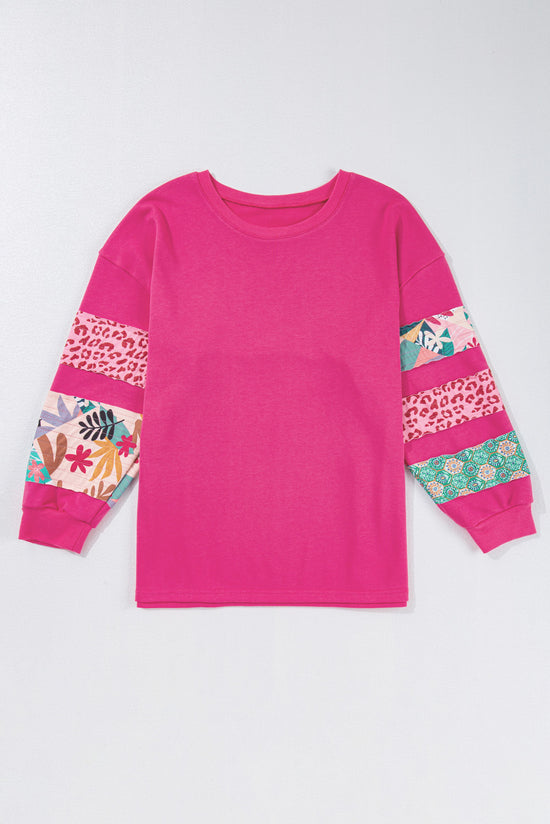 Sweat-shirt Fendu à Manches Patchwork Imprimé de Grande Taille Rose Rouge