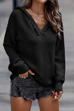 Black Ribbed V-Neck Drop Shoulder Hoodie