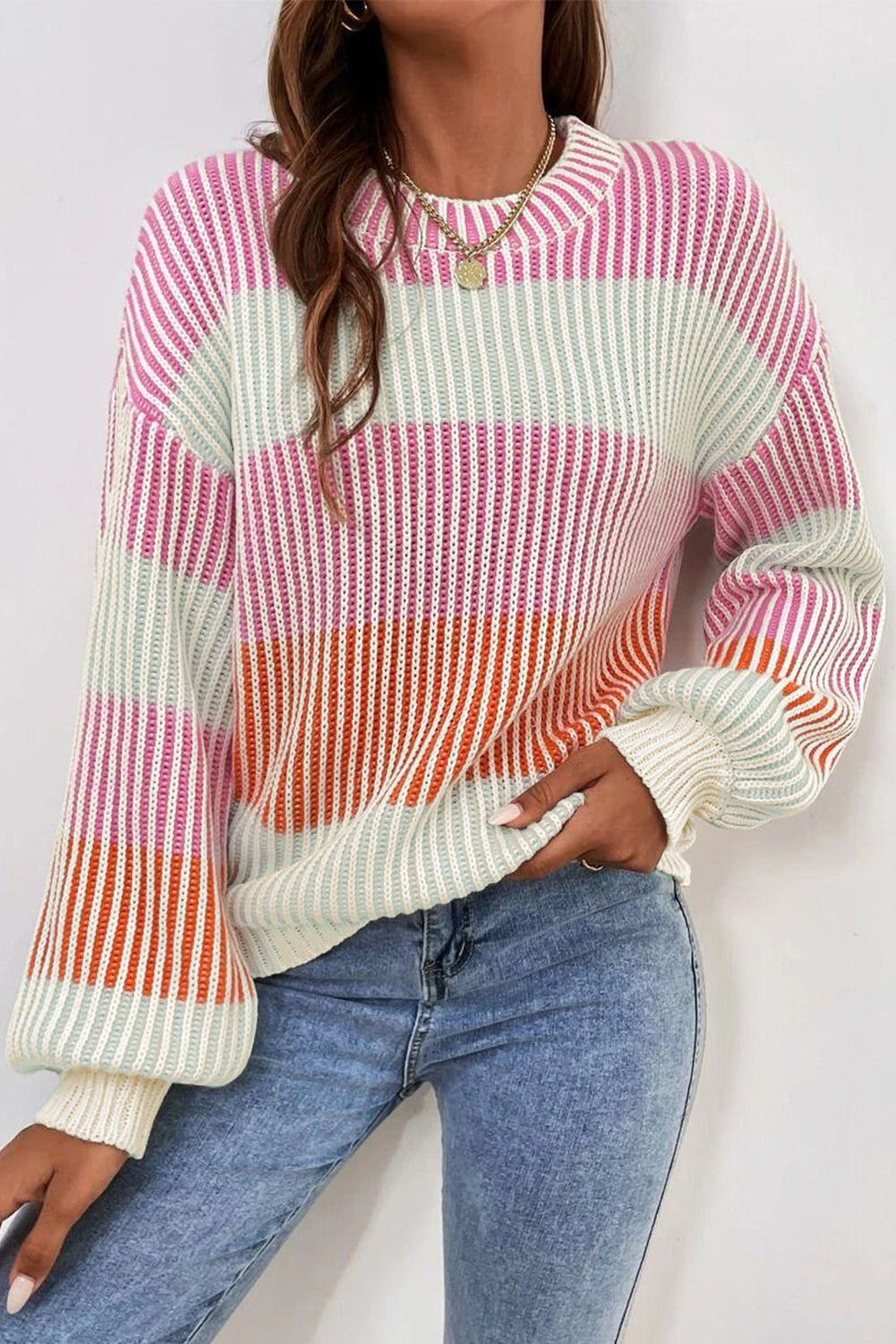 Pink pink sweater with textured knitting bubbles color block *