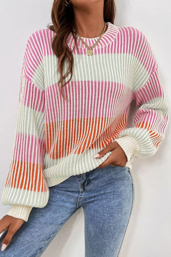 Pink pink sweater with textured knitting bubbles color block *