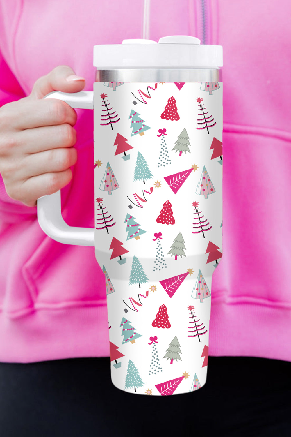 White thermos cup printed Cartoon Christmas Tree 40oz