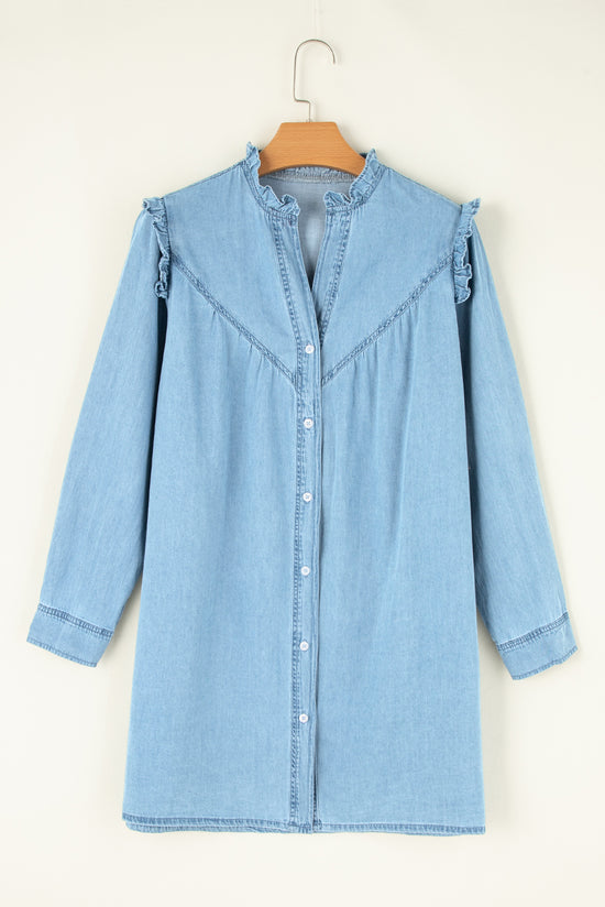 Myosotis - Straight denim dress with buttons, ruffles and V-neck