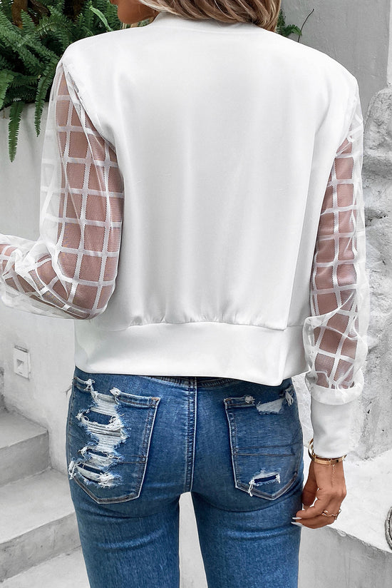 White zip-up bomber jacket with braided mesh sleeves