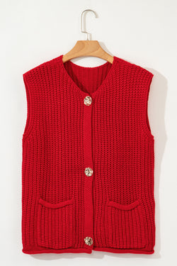 Gilet pull boutonné en tricot texturé uni rouge ardent avec poches latérales