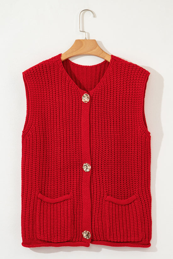 Gilet pull boutonné en tricot texturé uni rouge ardent avec poches latérales