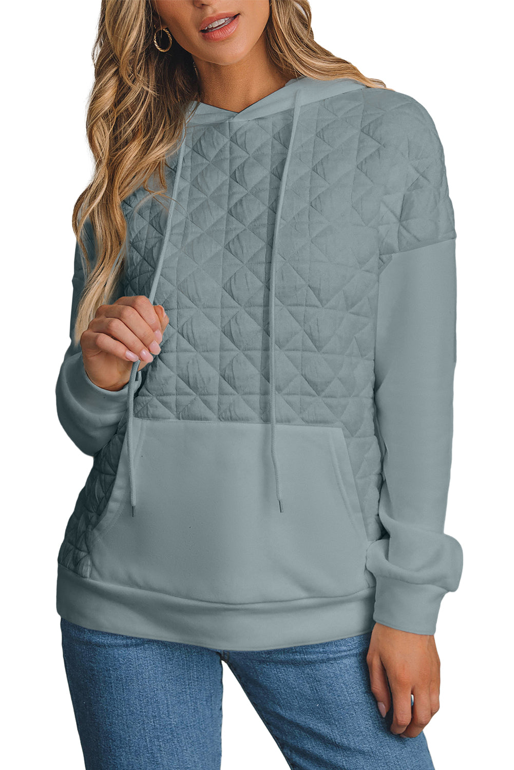 Light Grey Drop Shoulder Quilted Patchwork Kangaroo Pocket Hoodie