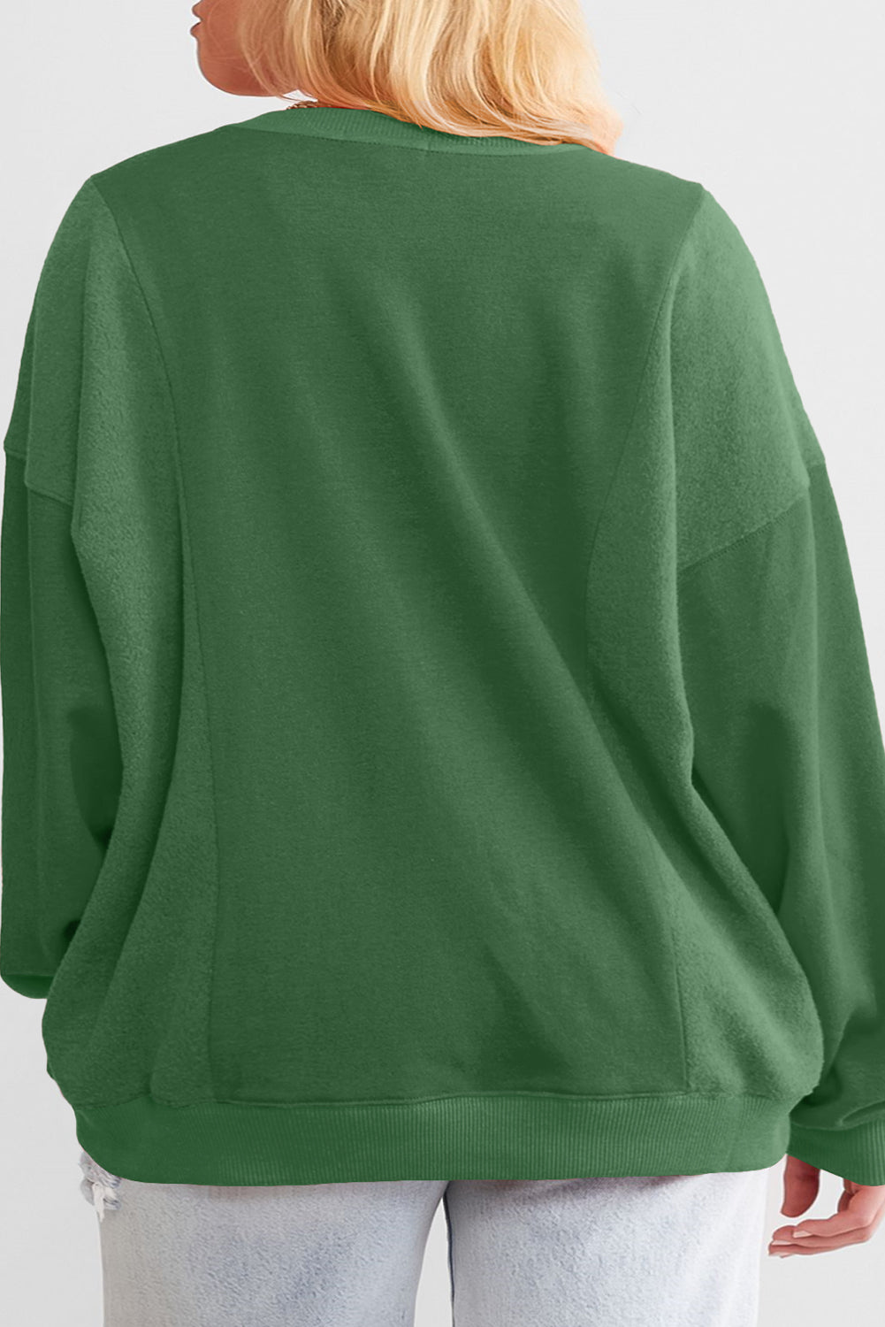 Sweat-shirt ample patchwork à col rond et grande taille vert noirâtre