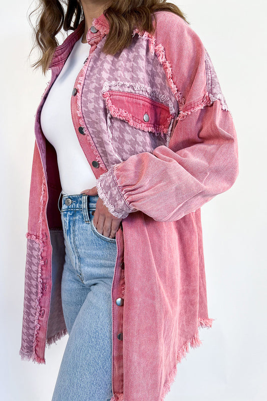 Pink Retro Distressed Houndstooth Patchwork Denim Jacke