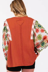 Chemisier patchwork à manches bouffantes et col rond à fleurs Desert Gold-A WOMAN WE LOVE