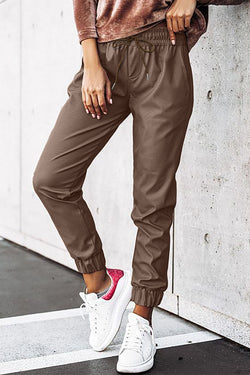 Pantalon de jogging en cuir marron avec lien à la taille