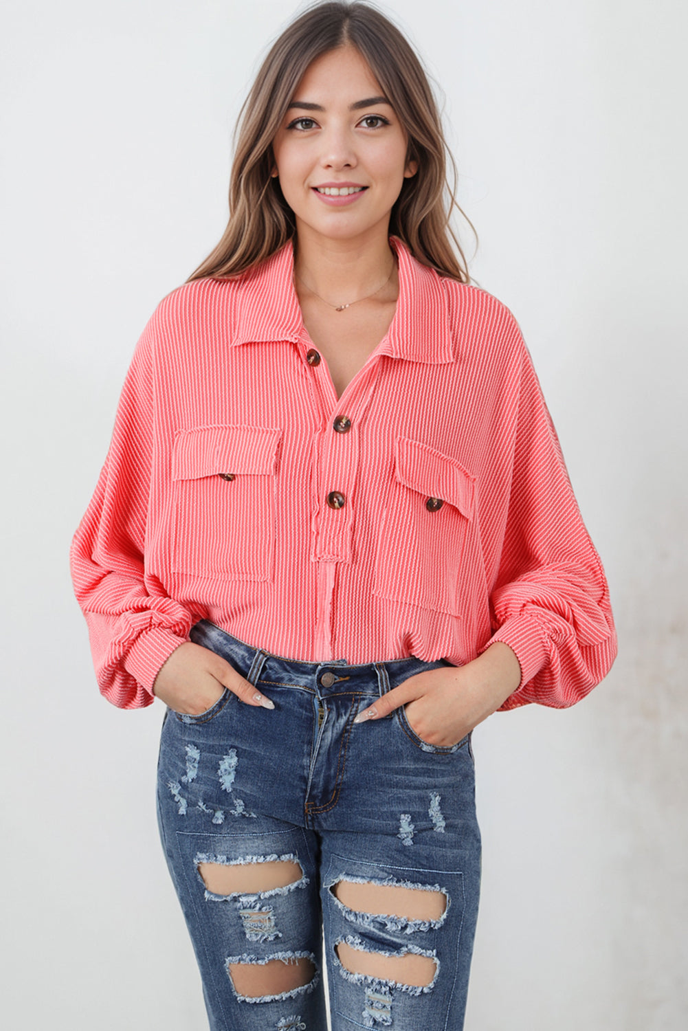 Pink Henley Top with Flap Pocket and Drawstring