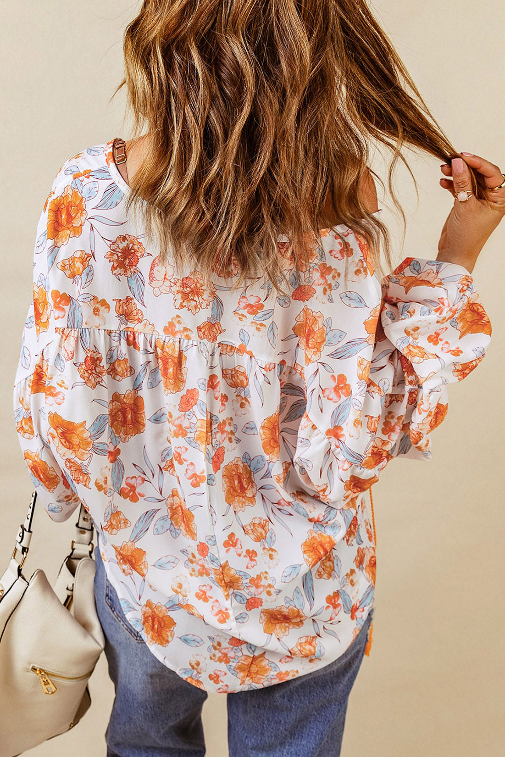 Orange Split V Neck Blumendruck Dolman Bluse