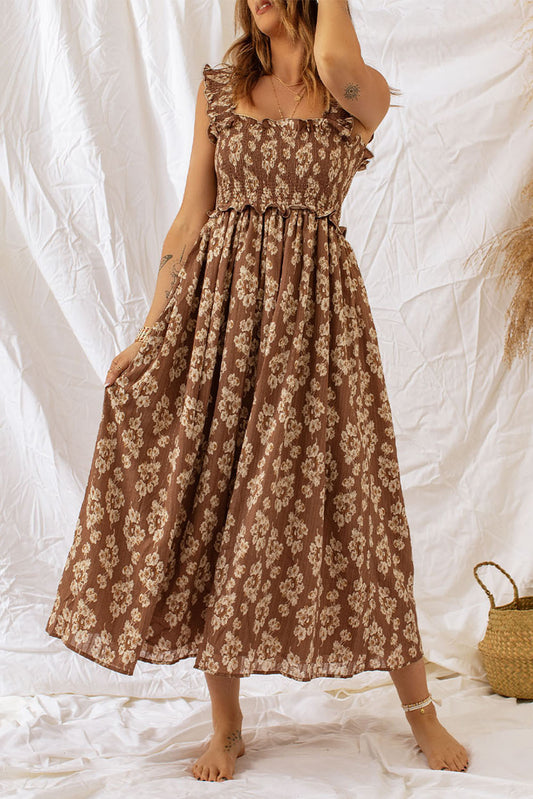 Correos marrones con racha smacked Floral Maxi Vestido