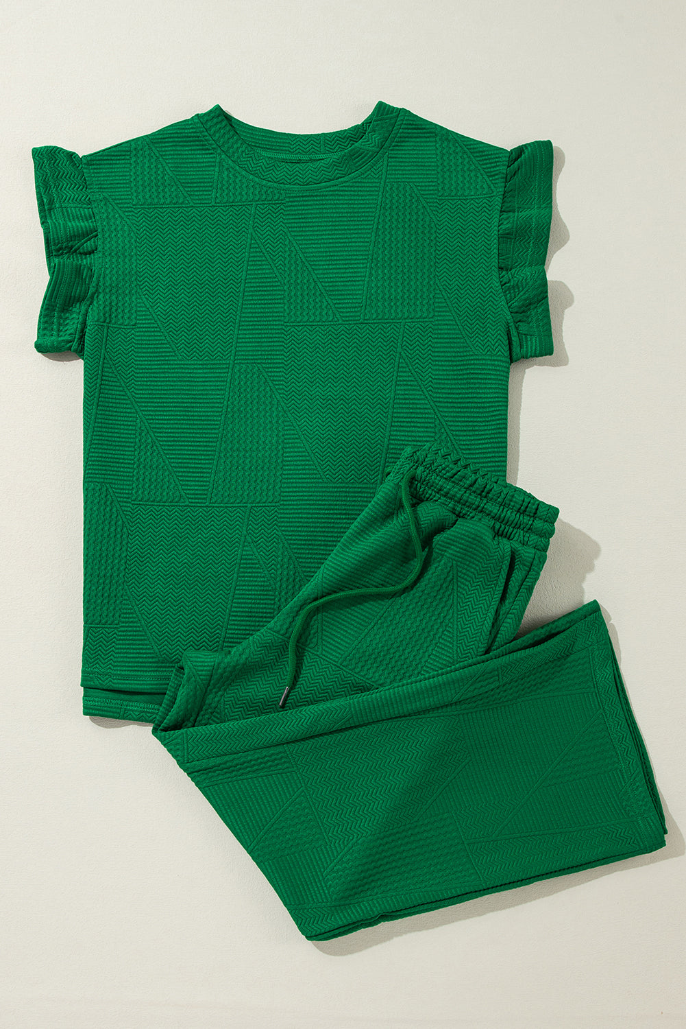 Ensemble haut d'été à manches volantées vert foncé et pantalon court ample-A WOMAN WE LOVE