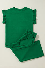 Ensemble haut d'été à manches volantées vert foncé et pantalon court ample-A WOMAN WE LOVE