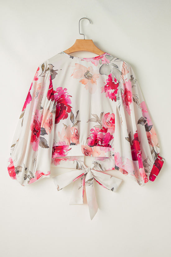 Rose flower blouse with 3/4 sleeves and laces back