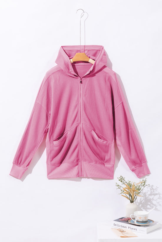 Thermal Waffle Knit Full Zip Hooded Jacket Pink